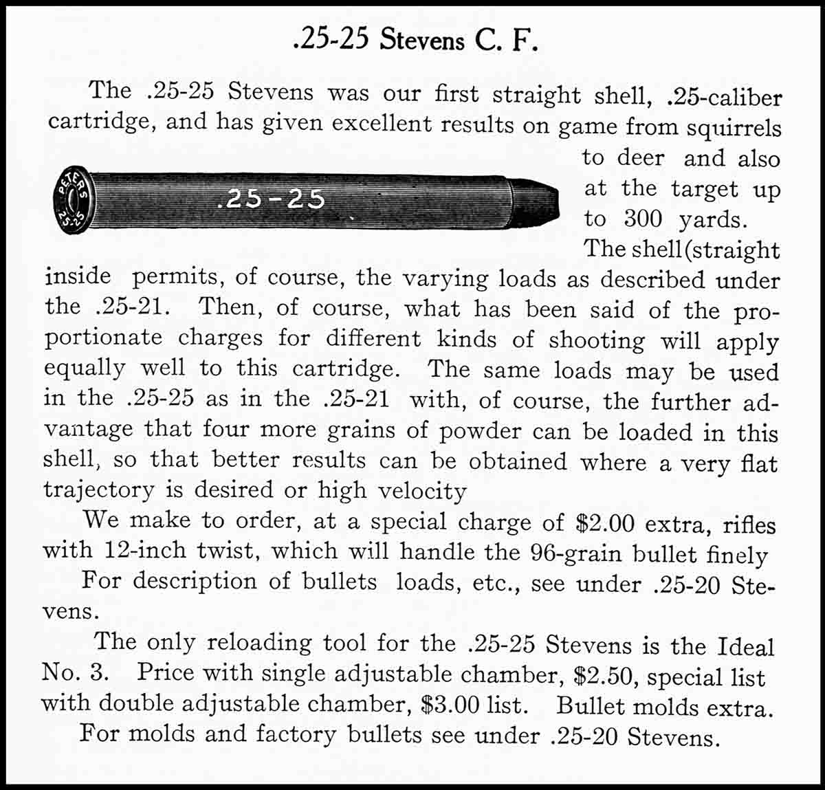 The .25-25 Stevens Straight cartridge from the Stevens catalog 52.